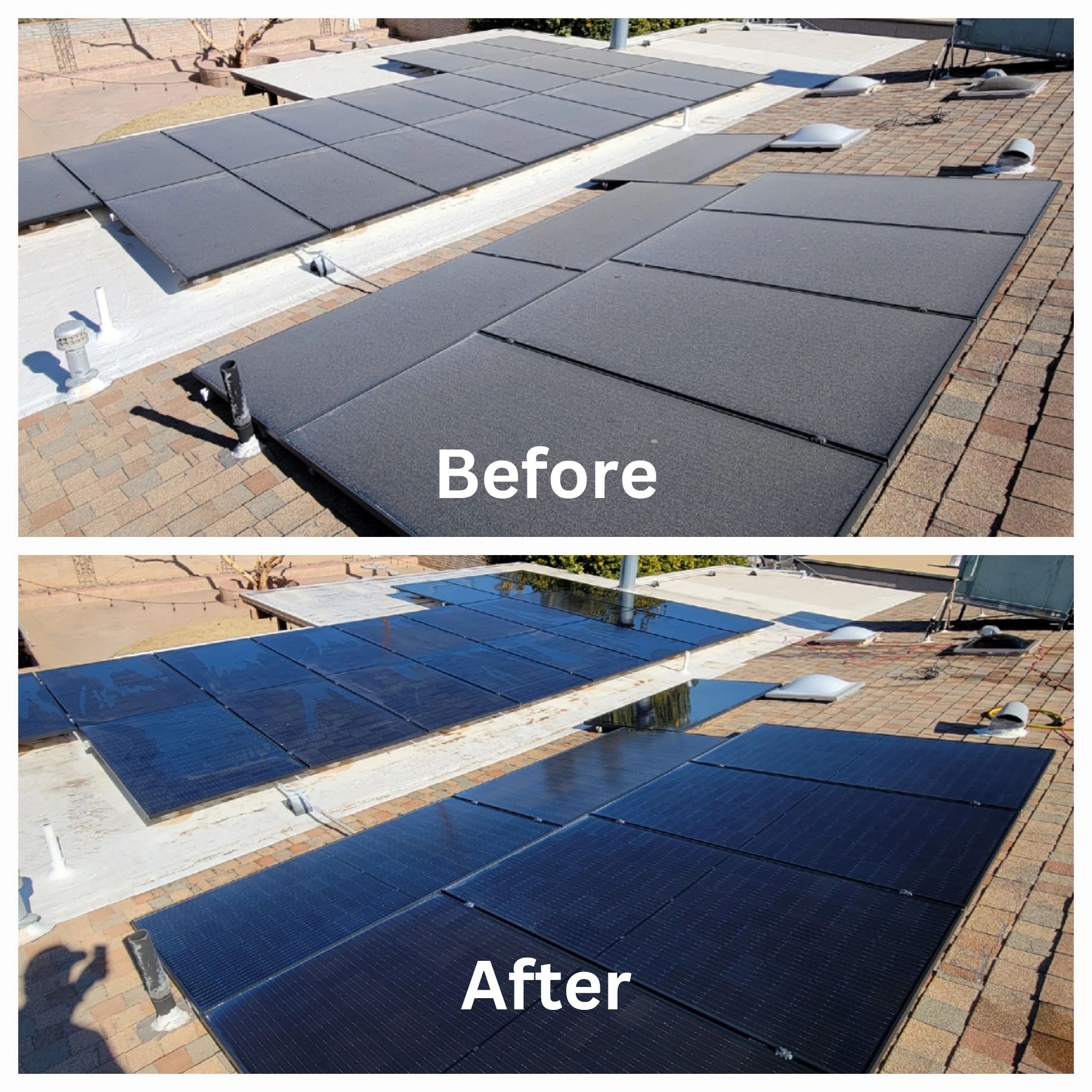 Rooftop solar array before and after cleaning