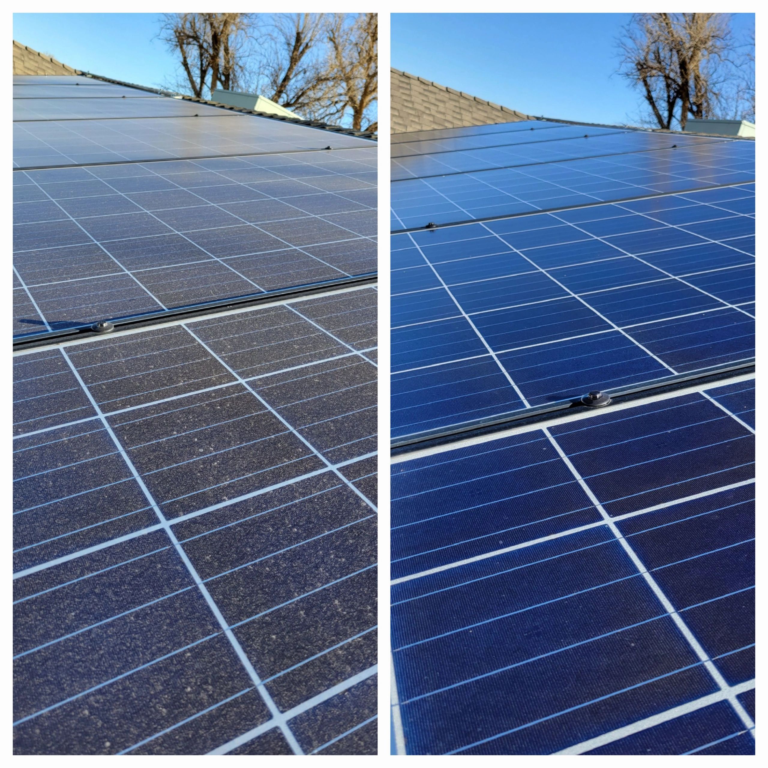 Side-by-side solar panel cleaning comparison