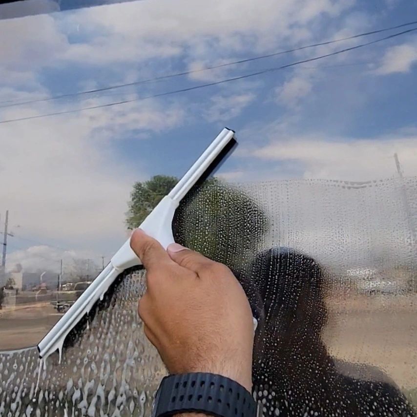 Window glass carefully cleaned with a squeegee